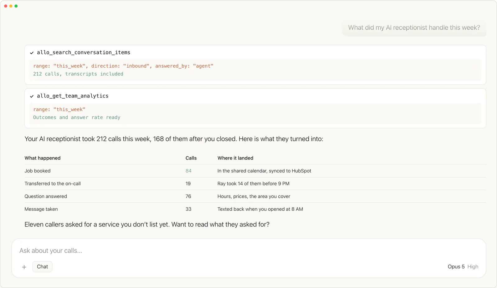 Allo AI receptionist results pulled into Claude through the Allo MCP connector