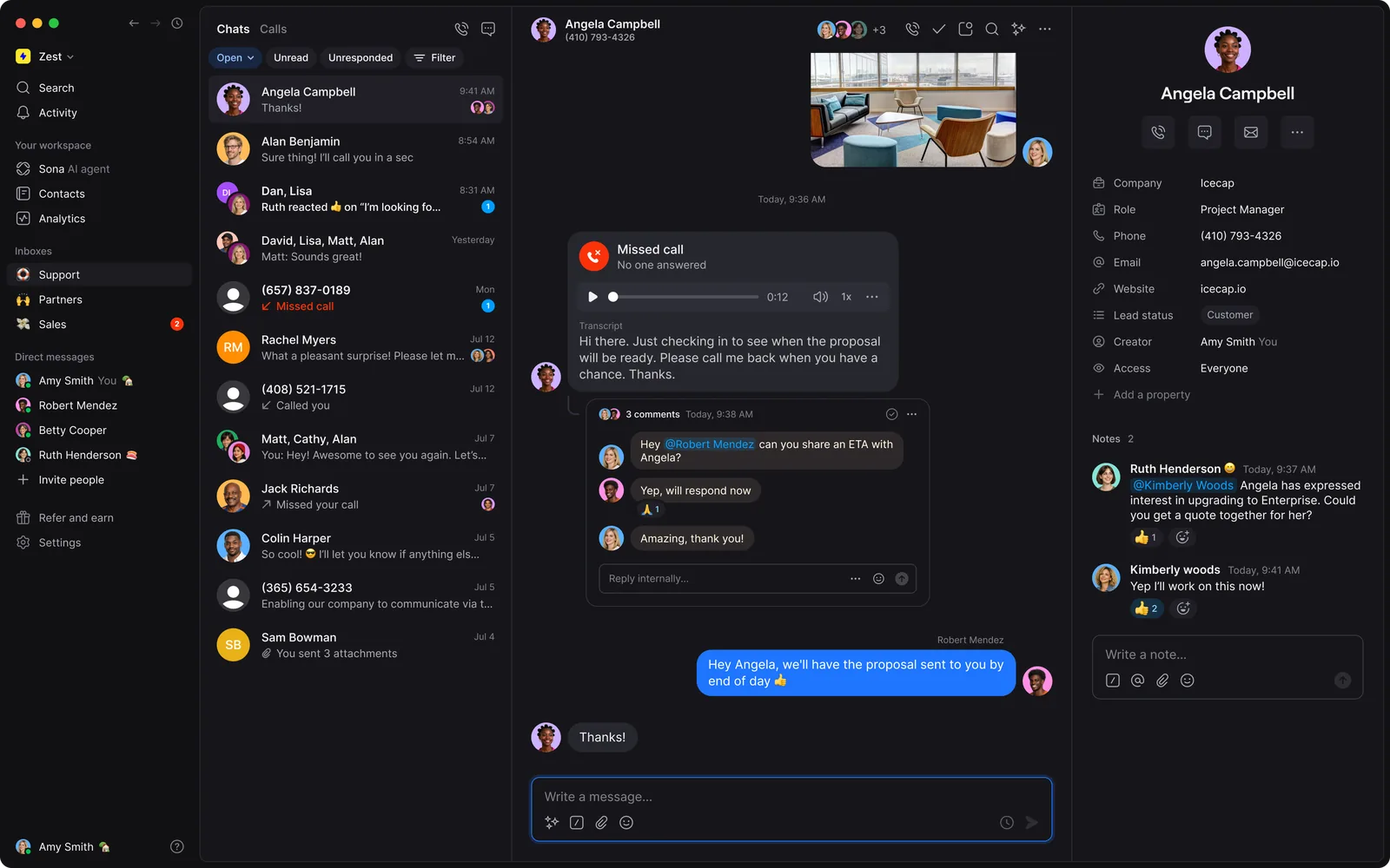 Quo desktop app showing the shared inbox with a call and text thread
