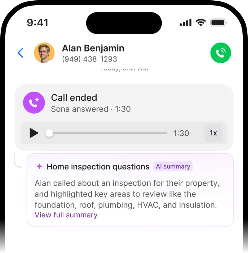 Quo mobile app showing a call answered by Sona with an AI summary